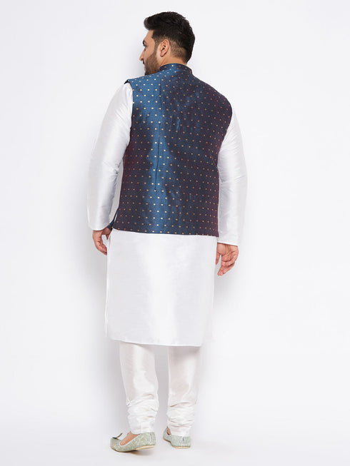 Vastramay Men's Plus Size Blue Zari Weaved Nehru Jacket With Kurta Pyjama set